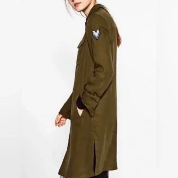 Zara Army Green Long Snap-Down Patchwork Jacket - Size S - Picture 3 of 9